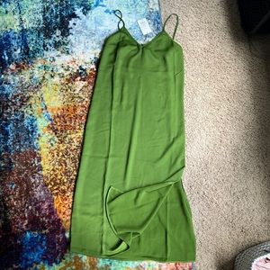 Size M bright olive green satin tank dress with slit